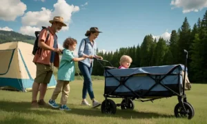 A-family-uses-modern-camping-carts-at-a-scenic-campground-in-the-United-States
