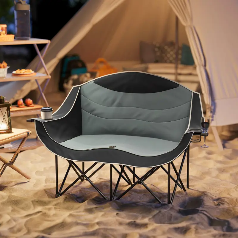 ZenithOut double camping chair in use outdoors, featuring dual padded seats and 600D Oxford fabric ZenithOut double camping chair in use outdoors, featuring dual padded seats and 600D Oxford fabric