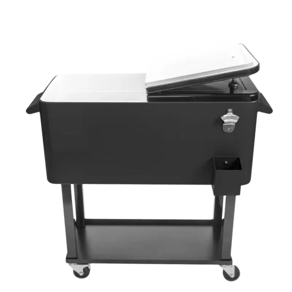 Hand-powered-refrigerated-cart-on-wheels-with-multiple-storage-levels