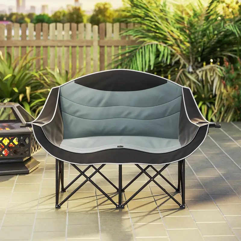 Close-up view of the durable metal frame of the double camping chair by ZenithOut. Close-up view of the durable metal frame of the double camping chair by ZenithOut.