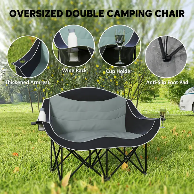 Integrated cup holders and storage pocket on ZenithOut double camping chair for outdoor convenience. Integrated cup holders and storage pocket on ZenithOut double camping chair for outdoor convenience.