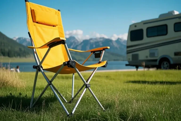 Modern portable camping chair at a USA RV campsite with mountains in background